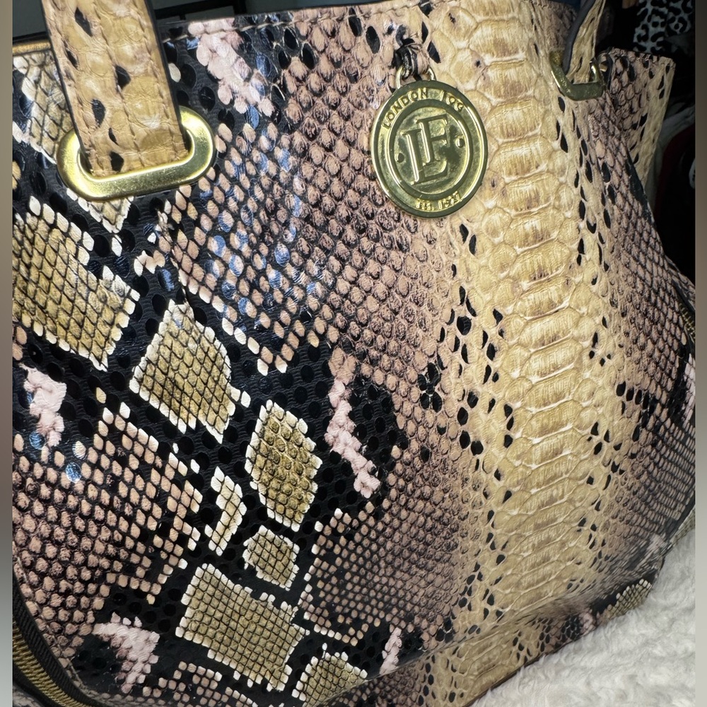 London Fog Snake Print Tote Bag - Black and Tan